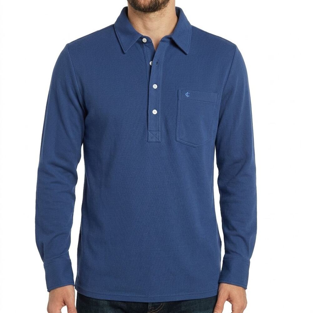 Criquet Mens Long Sleeve Players Polo Shirt Blue Pima Cotton Size L Slim Fit